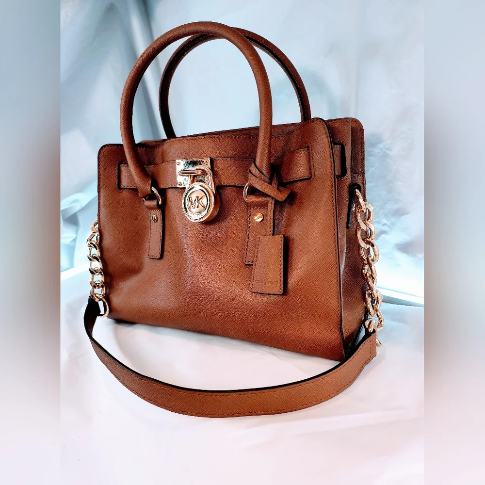 MICHAEL KORS Cognac Hamilton Saffiano Leather Satchel with Gold-Tone Chain Strap
